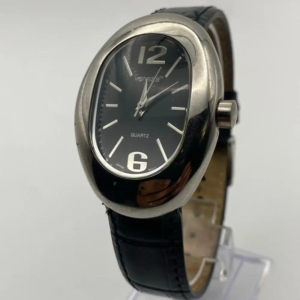 Elegant Venezia Oval Silver-Tone Ladies Watch, Black Band Working New Battery